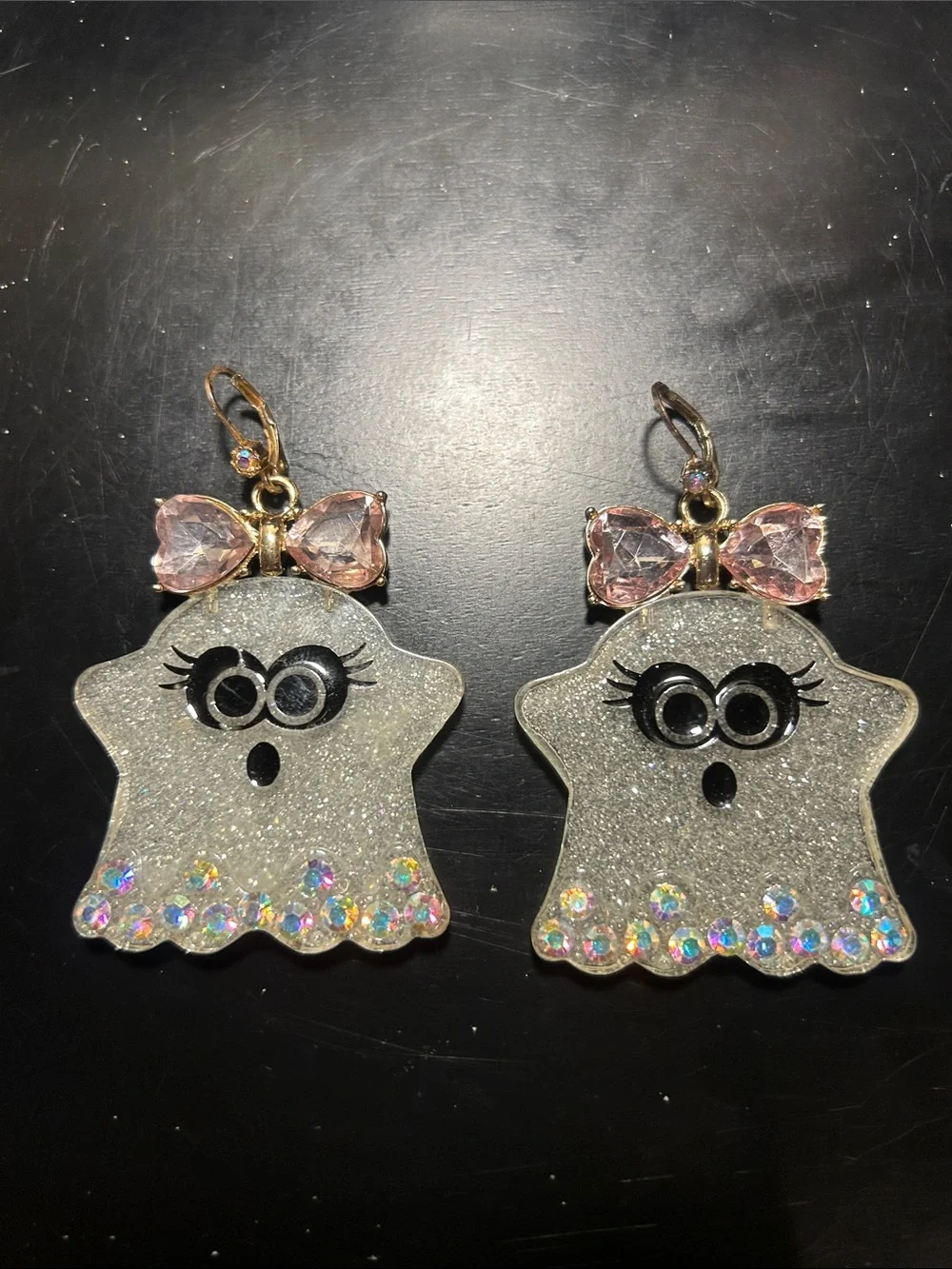 BETSEY JOHNSON Sparkling Silver Ghost Earrings with Pink Bow